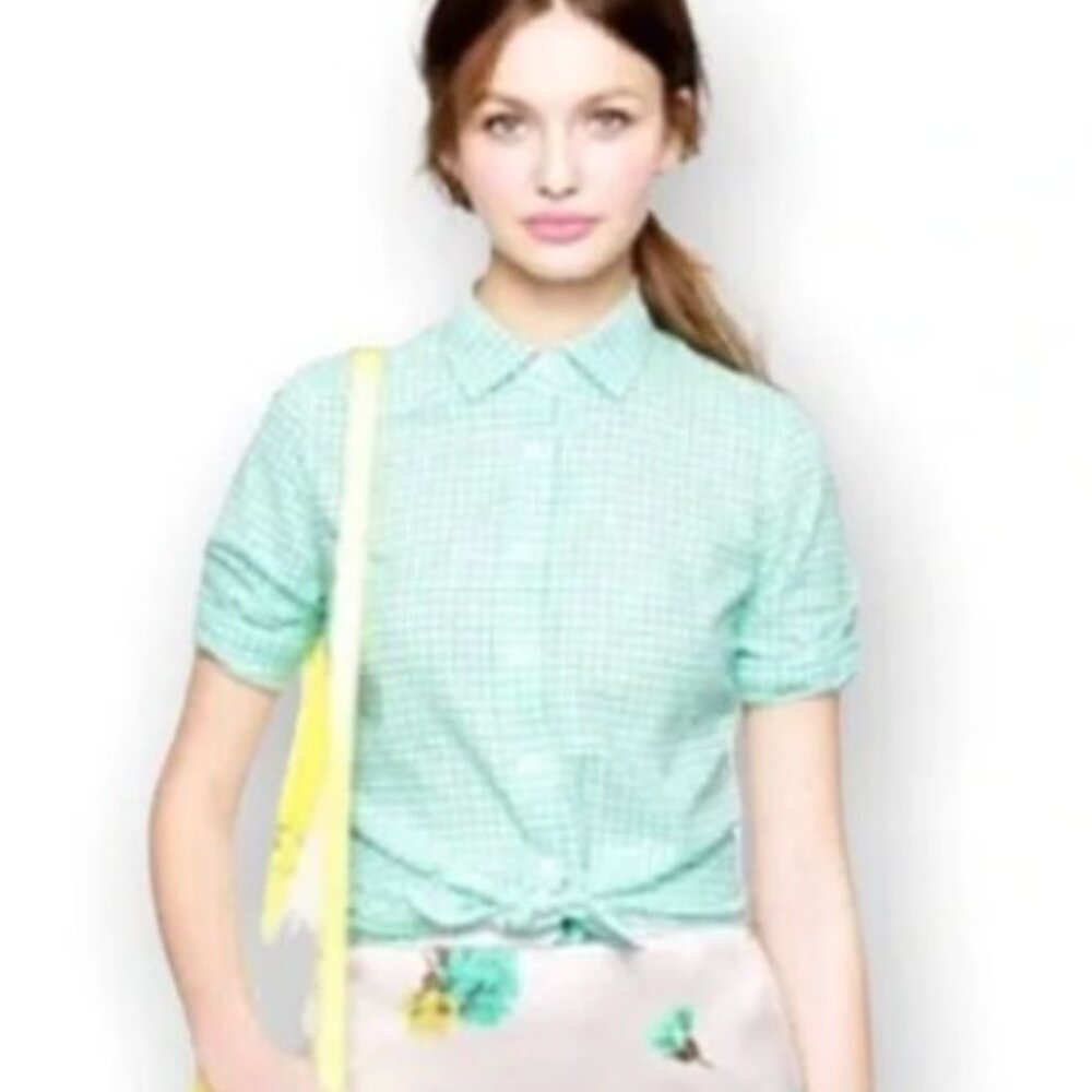 J CREW Classic Fit Gingham Cotton Button Down Mint/Soft Teal
